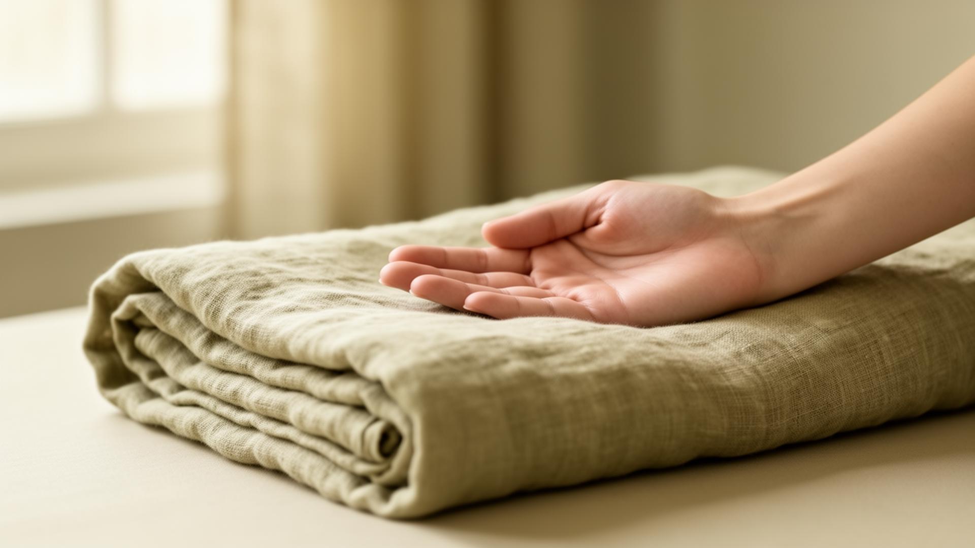 Hand ruht achtsam auf einer gefalteten Leinendecke